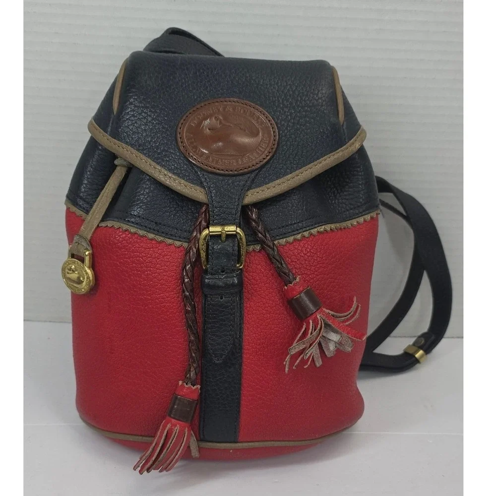 Dooney & Bourke Vintage Teton AWL Red Navy Leather Backpack Drawstring‎ Bag